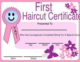 Haircut Certificate achievement presented to a female child after a haircut. Toddler, Award, Success.