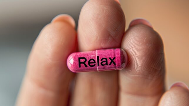 A woman holds in her hand a capsule with medicine on which the word “Relax” is written, close-up.