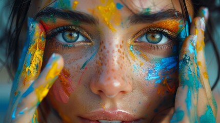 The exuberant gesture of a teenage girl reveals her hand adorned with an array of colorful paint, symbolizing her artistic flair and vibrant personality.