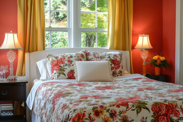 Empty bed with printed colorful bed sheet and pillow.