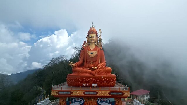 Padmasambhava, Guru Rimponche statue in Sikkim from the air, India from drone