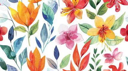Bright watercolor floral seamless pattern. Hand painted tropical flowers and leaves.