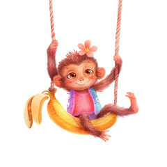 monkey hanging on banana white background