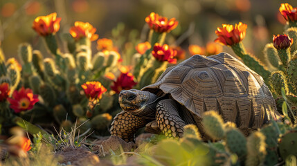An image of a desert tortoise slowly moving through a field of tall, flowering cacti. 