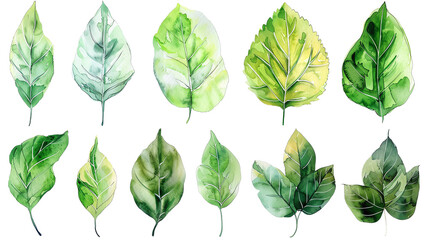 Green leaves of different plants and trees, painted in watercolor, isolated on black background.