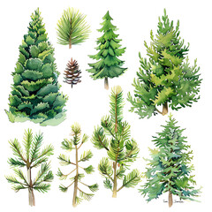 Set of watercolor hand drawn coniferous trees isolated on white background.
