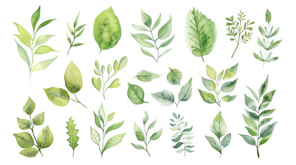 Set of watercolor hand drawn green leaves isolated on white background. Botanical illustration for design, print, fabric or background.