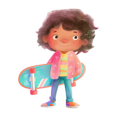  watercolor kid holding skateboard illustration