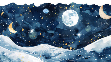 The image shows a beautiful watercolor painting of a starry night sky with a full moon, stars, and clouds