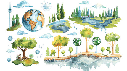 Naklejka premium The image shows a cartoon drawing of a green planet with blue water. There are trees, clouds, and a city on the planet. The image is surrounded by a white background.