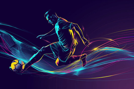 Soccer player with the ball in action. 2D sketch art. Football concept wallpaper, background. 