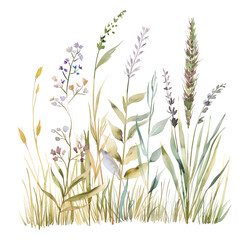 The image shows a watercolor painting of a clump of grass with purple flowers.