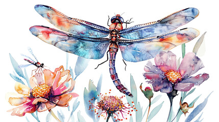 The watercolor painting of a dragonfly and colorful flowers will bring a sense of whimsy to any room.