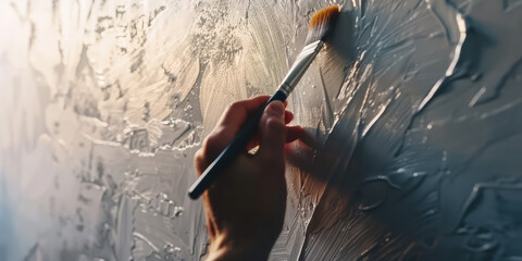 Close up hand holding paintbrush to paint wall, copy space. Artistic painting of walls, repairing, covering the wall with paint.