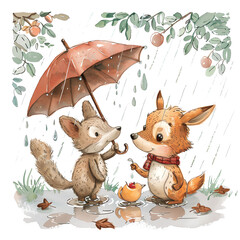 Two friends, a fox and a raccoon, are walking in the rain