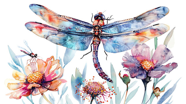The watercolor painting of a dragonfly and colorful flowers will bring a sense of whimsy to any room.