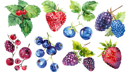 Watercolor illustration of various berries.