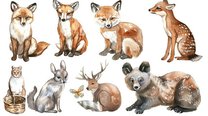 A group of cute baby animals including foxes, rabbits, and deer.
