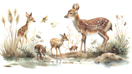 Obraz premium A group of deer standing in a field of tall grass and flowers