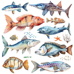 A variety of colorful fish of different species are swimming together in a blue ocean.