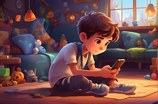A child sits on the floor and plays games on the phone. Cartoon kid gaming