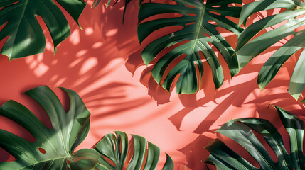 Obraz premium Philodendron tropical leaves on coral color background minimal summer