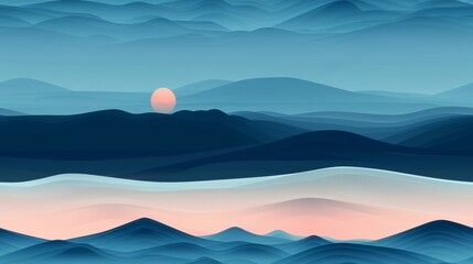 The image is a beautiful landscape painting of blue and pink mountains at sunset