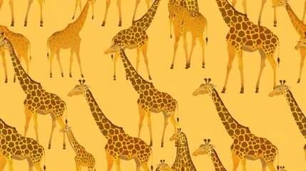 The image is a seamless pattern of cartoon giraffes on a yellow background