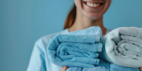 Portrait of laundry worker smiling happy woman holding clean towels, copy space. Banner of cleaning, laundry, maintenance service.
