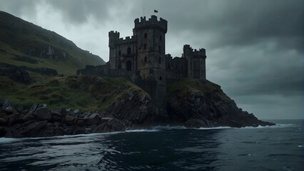 Abandoned castle in the heart of the rock by the raging sea. A decrepit castle, perched on a cliff...