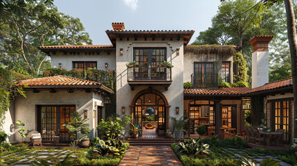 A Spanish-influenced craftsman villa with stucco walls, terracotta roof tiles, and a tranquil courtyard.