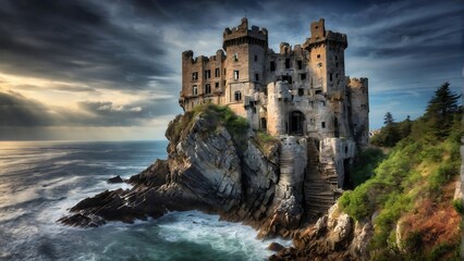 Abandoned castle in the heart of the rock by the raging sea. A decrepit castle, perched on a cliff...