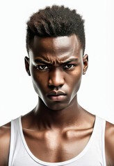 Fototapeta premium Confident young African male with fashionable hairstyle and piercing eyes posing in a white tank top, suitable for themes of youth culture and diversity