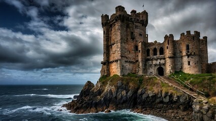 Abandoned castle in the heart of the rock by the raging sea. A decrepit castle, perched on a cliff overlooking a churning sea.