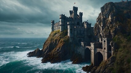 Abandoned castle in the heart of the rock by the raging sea. A decrepit castle, perched on a cliff...