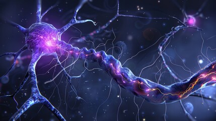 A detailed illustration of a neuron with electric impulses traveling through its axons, set against a deep space backdrop.