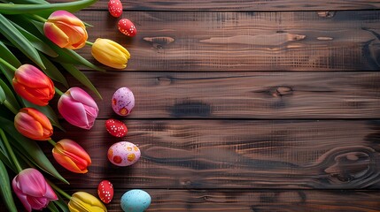 Obraz premium Easter eggs and tulips on light wooden background. Copy space. Space for text, Generative AI,明るい木製の背景にイースターエッグとチューリップ。コピースペース。テキスト用スペース、Generative AI、
