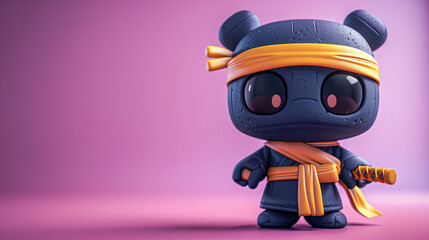 3d illustration of cute cartoon ninja character in black outfit with yellow belt and headband on a pink background