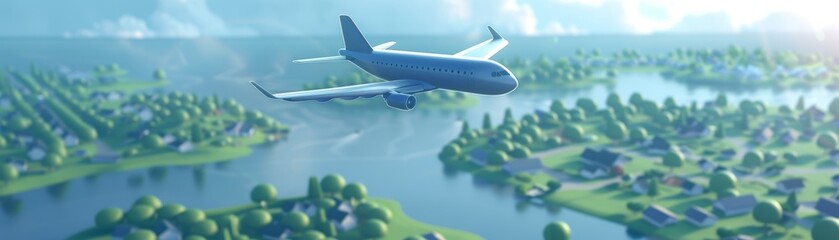3D rendering of an airplane is flying over the green islands and blue water.
