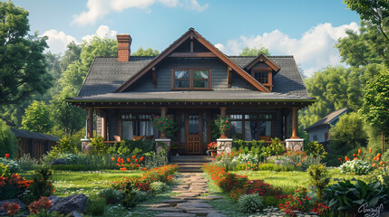 A traditional craftsman bungalow with a gabled roof, tapered columns, and a charming front yard garden. - Powered by Adobe