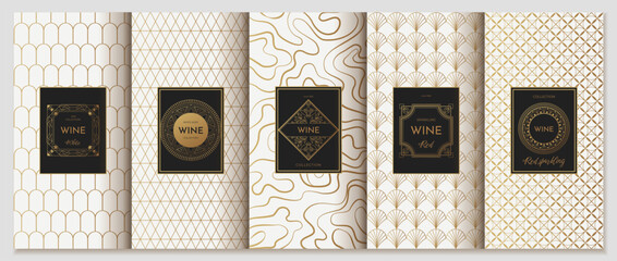 Obraz premium Wine label design. Luxury product sticker. Modern ornate background. Jewelry ornament. Golden pattern. Product box. Gold package frame with logo. Vector packaging decoration templates set
