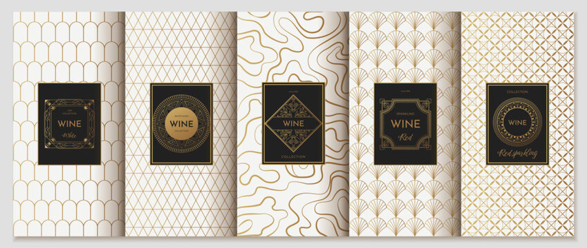 Wine label design. Luxury product sticker. Modern ornate background. Jewelry ornament. Golden pattern. Product box. Gold package frame with logo. Vector packaging decoration templates set