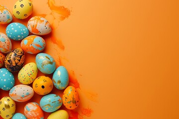Easter egg on bright orange background,Copy space. Space for text,Generative AI.明るいオレンジ色の背景にイースターエッグ,コピースペース。テキスト用スペース,Generative AI。