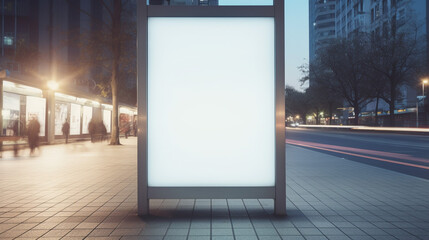 Vertical blank white billboard at bus stop on city street, generative AI
