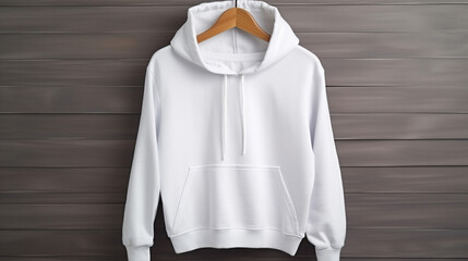 white sweater hoodie that hangs on a hanger. white hoodie jacket on a hanger. hoodie sweater mockup, generative AI