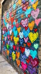 A wall covered in colorful hearts.