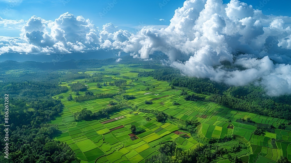 Wall mural an aerial view of green fields and clouds. - Wall murals