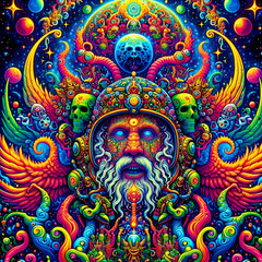 Psychedelic fantasy man in helmet.