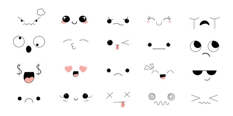Kawaii Style Faces manga anime emotions, comic expressions, cute eyes collection isolated on white background. Doodle smiley mood design elements, 