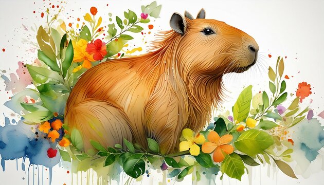 AI-generated color illustration of a capibara on a white background. 